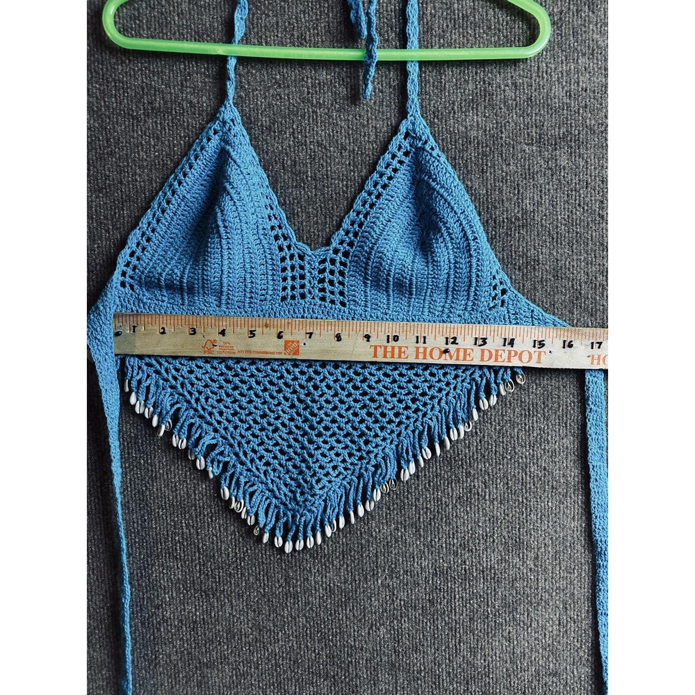 Tank Womens S Blue Cropped Crochet Halter V-Neck Fringe Beaded Cowrie Shells - Picture 4 of 4